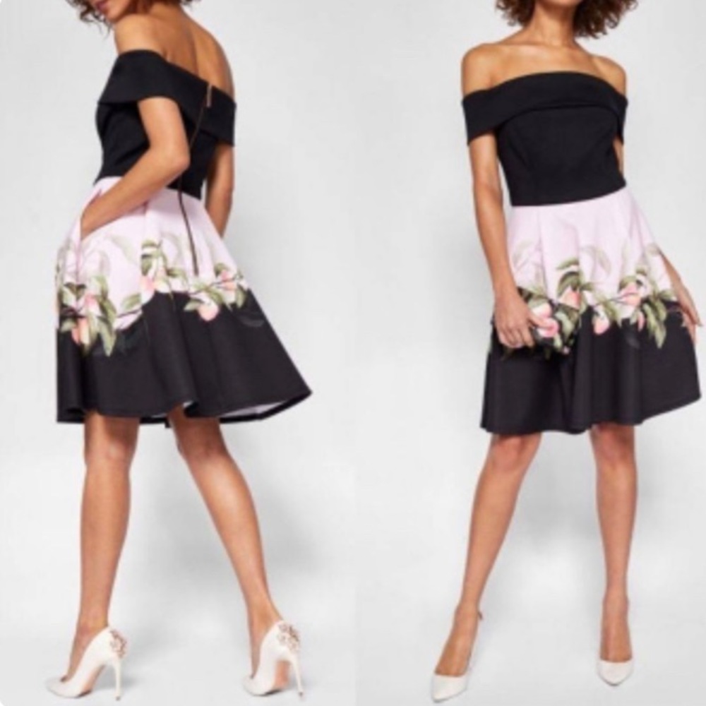 NWT Ted Baker sz4 off shoulder black/peach dress
